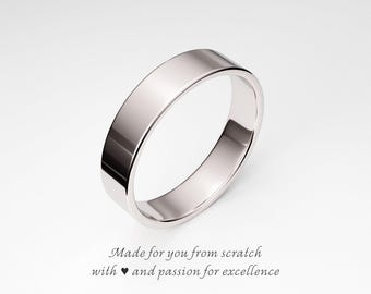 Men's 14K White Gold Wedding Band: 5mm Flat Solid Gold Ring, Plain Simple White Gold Ring for Him