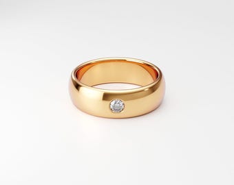 Alianza de oro amarillo de 6 mm con diamantes para hombre, sencilla y redondeada, con un diamante, en oro macizo de 10 quilates, 14 quilates y 18 quilates.