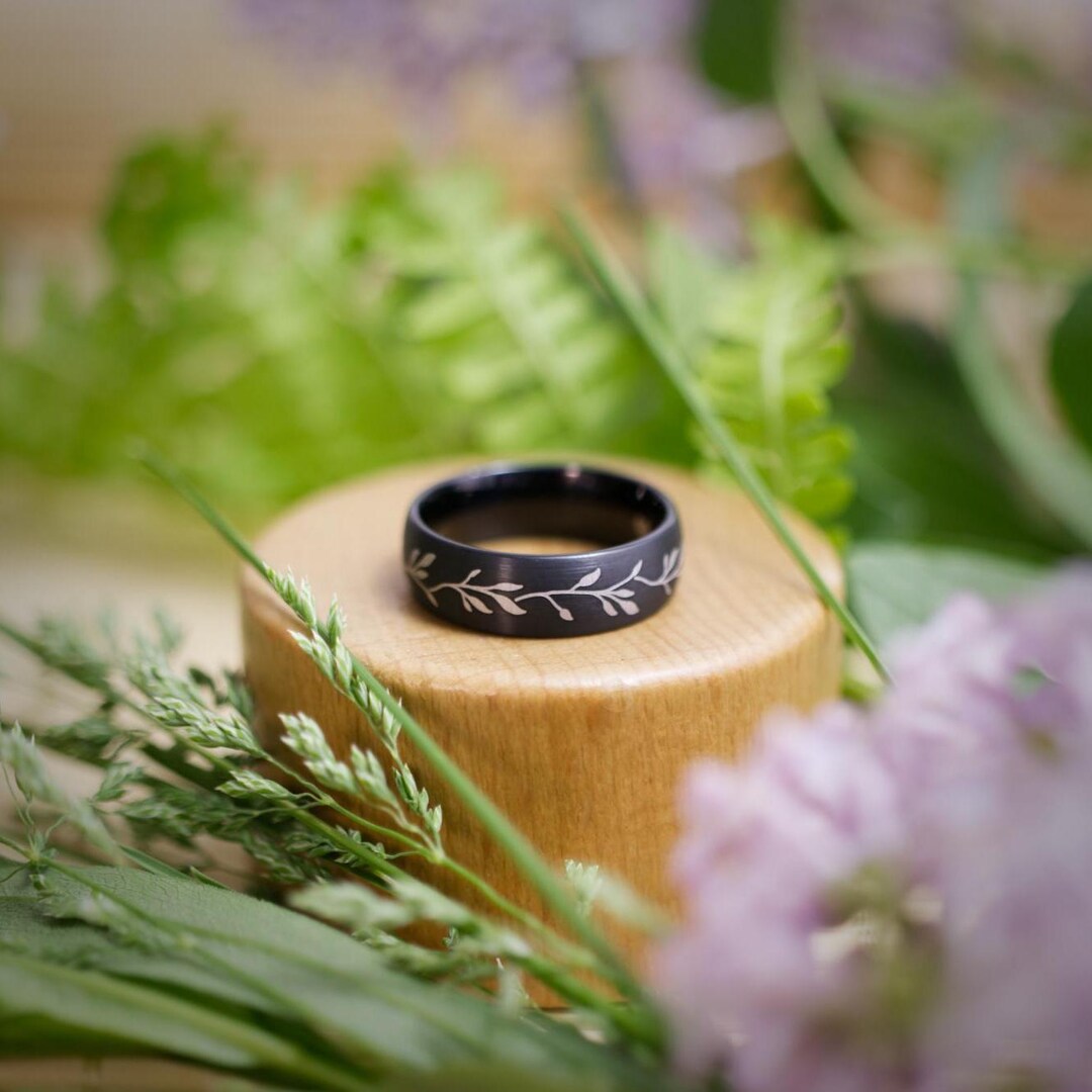 Black Floral Statement Ring. Comfort Fit Tungsten Band. - Etsy
