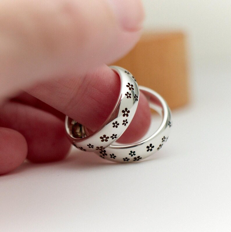 Floral Sterling Silver Ring Band: Black Cherry Blossom Flowers Ring with Free Personalization image 5