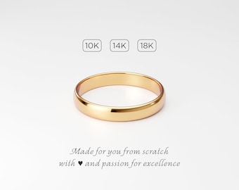 10K 14K 18K Solid Gold Wedding Band: 3mm Light Low Dome Women's Classic Yellow Gold Ring