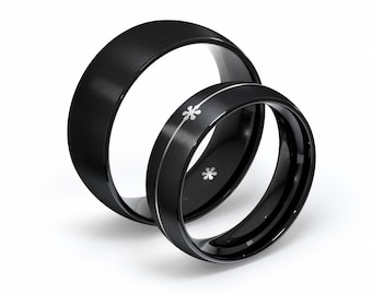 Black Tungsten Floral Rings Set: Tiny Flower Wreath on 6mm Band and an 8mm with Single Flower Inside
