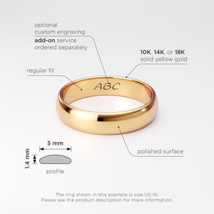 Men's Solid Gold Wedding Band: 5mm 10K 14K 18K Yellow Gold, Plain Classic Dome Ring image 2