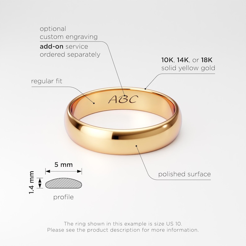 Men's Solid Gold Wedding Band: 5mm 10K 14K 18K Yellow Gold, Plain Classic Dome Ring image 2