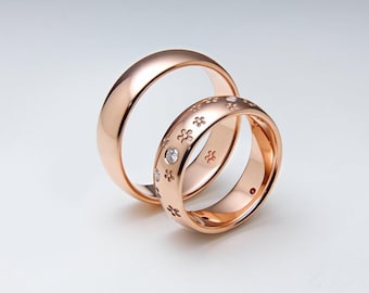 Alianzas de boda Sakura en oro rosa macizo de 14 quilates: Alianzas a juego con flores de cerezo y diamantes, anillos florales únicos para parejas