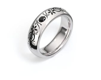 Anillo de diamantes negros con flores, anillo floral, anillo con adorno floral, anillo de bodas de plata de ley, diamante negro pequeño