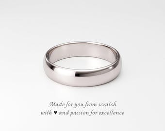 Men's 14K White Gold Wedding Band: 5mm Classic Rounded Dome, Unplated Natural Color Ring for Him