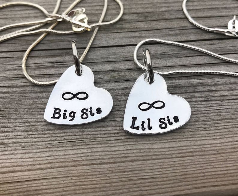 sister necklaces Hand stamped Big Sis personalised necklaces Sister pendants Little Sis heart necklaces