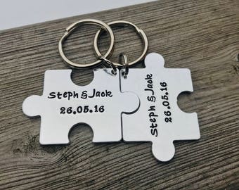 Hand stamped personalised interlocking jigsaw couple keyring keychain. His n hers keyrings, wedding gift, engagement gift, valentines gift