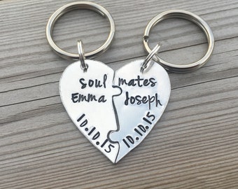 Hand stamped personalised Jigsaw heart split heart keyrings, gift for couples, friend keyrings, wedding gift, engagement gift,