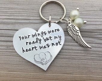 Hand Stamped Angel Baby, infant loss keyring, 'Your wings were ready but my heart was not' memorial gift, baby loss keyring