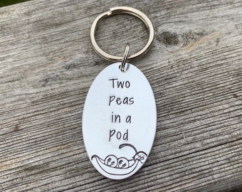 Handstamped Keyring, Peapod Keyring, Personalised Peapod, Two Peas in a Pod, Peapod Gift, Valentines gift
