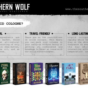 May include: A collage of six different solid cologne tins from Southern Wolf. Each tin features a different design and scent, including "Eternal Moss", "Whiskey Smoke", "Bayou Bourbon", "Signature", "Jet Fuel", and "Texas Nights".