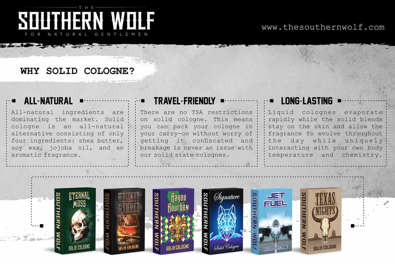 May include: A collage of six different solid cologne tins from Southern Wolf. Each tin features a different design and scent, including "Eternal Moss", "Whiskey Smoke", "Bayou Bourbon", "Signature", "Jet Fuel", and "Texas Nights".