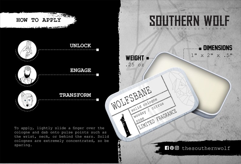 May include: A silver tin with a white label that reads "WOLFSBANE" in black lettering. The label also includes the text "solid cologne", "woodsy / citrus", "rose", and "LIMITED FRAGRANCE". The tin is 1 inch by 2 inches by 0.5 inches and weighs 0.25 ounces.