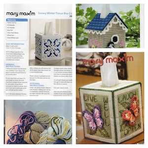 May include: A Mary Maxim craft kit for plastic canvas tissue box covers. The kit includes instructions, patterns for a snowy winter design, a house-shaped cover, and a butterfly design with the text Live Well Laugh Often, plus assorted yarn skeins.