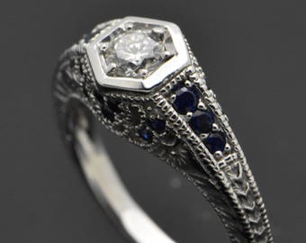 14kt white gold Art Deco ring with 0.30ct Diamond and Sapphires