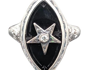 Vintage 18 Karat White Gold Black Onyx and Diamond Ring