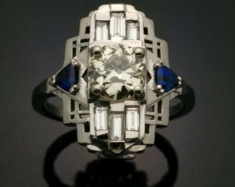 Platinum Art Deco Style Diamond and Sapphire Ring