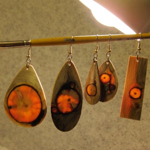 Glowing Pine Wood Earrings Dangle by ExoticWoodJewelryAnd handcrafted Glows when backlit lightweight image 3