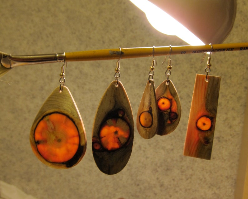 Glowing Pine Wood Earrings Dangle by ExoticWoodJewelryAnd handcrafted Glows when backlit lightweight image 3