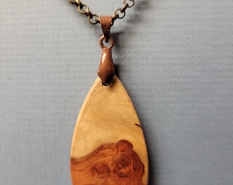 Amboyna Burl, Long thin Pendant necklace Exotic Wood handcrafted ExoticWoodJewelryAnd ecofriendly earthy RARE Wood