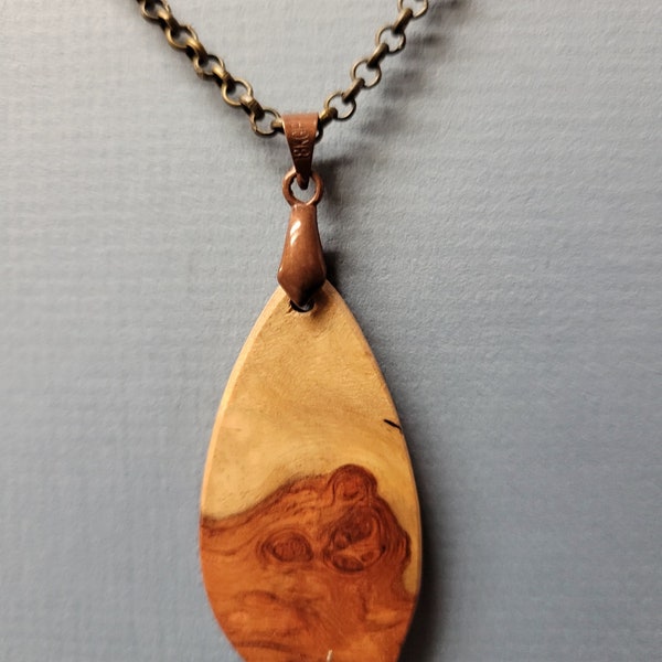 Amboyna Burl, Long thin Pendant necklace Exotic Wood handcrafted ExoticWoodJewelryAnd ecofriendly earthy RARE Wood