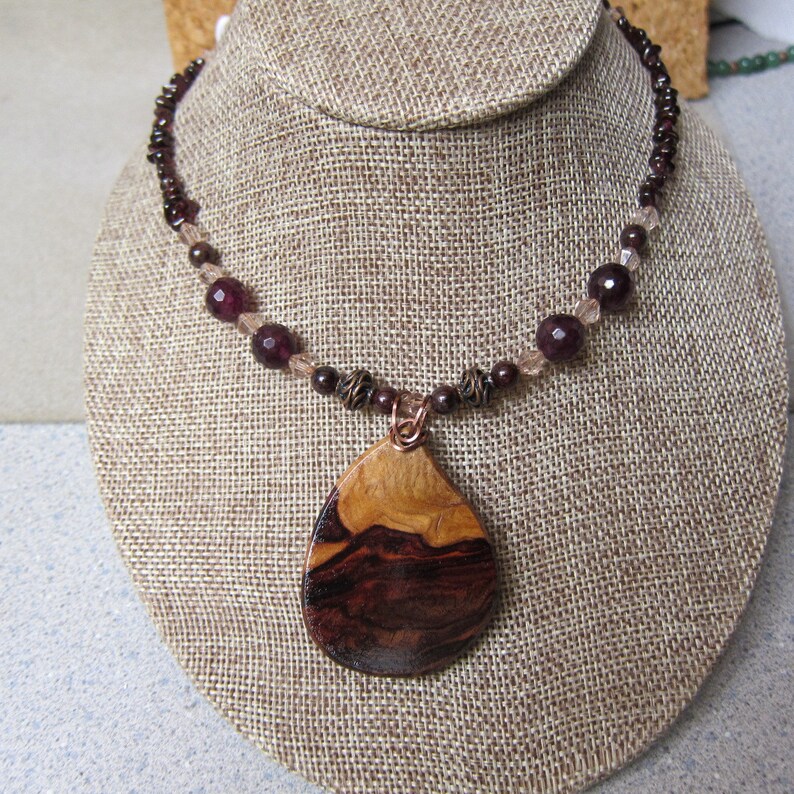 Genuine Garnet Beaded Necklace with Rare Khamphi Rosewood Pendant January Birthstone image 5