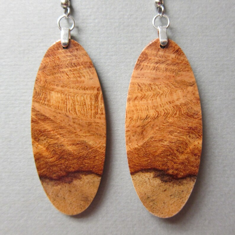 Exotic Wood Earrings Afzelia Burl long dangle handcrafted ExoticwoodJewelryAnd reclaimed natural wood image 1