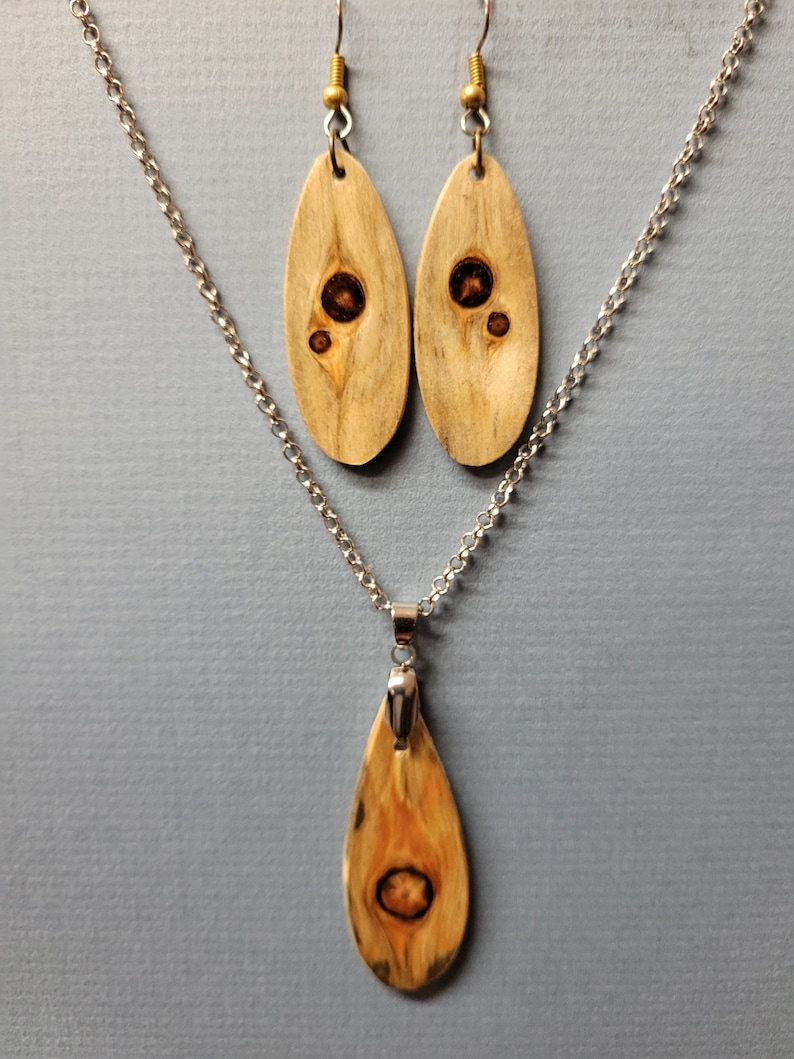 Unique Pine Wood Earrings & Pendant necklace handcrafted ExoticwoodJewelryAnd Ecofriendly RTobaison image 1