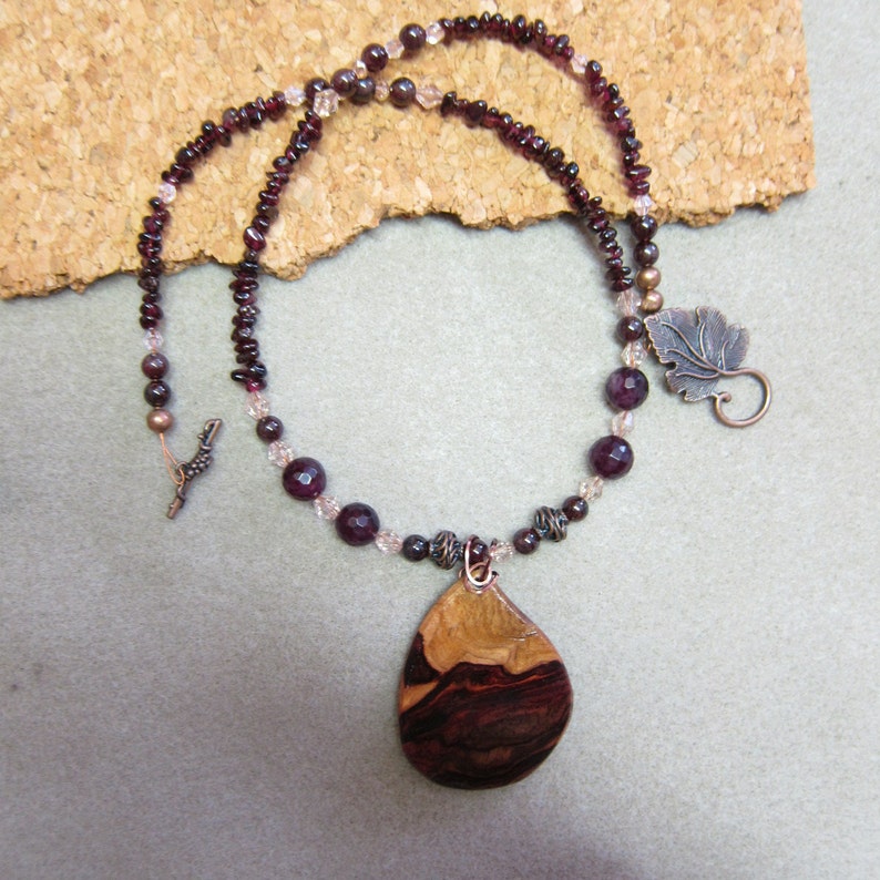 Genuine Garnet Beaded Necklace with Rare Khamphi Rosewood Pendant January Birthstone image 1