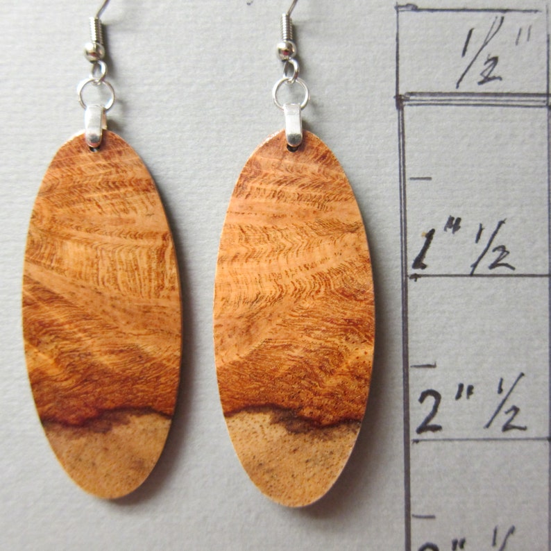 Exotic Wood Earrings Afzelia Burl long dangle handcrafted ExoticwoodJewelryAnd reclaimed natural wood image 2