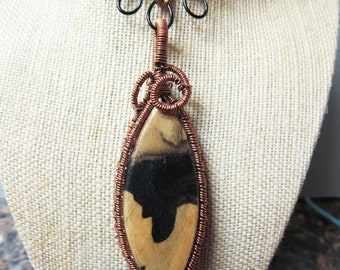 STunning, One of a Kind, HandCrafted Black n White Ebony Exotic Wood Wire Wrap Antique Copper Pendant Necklace