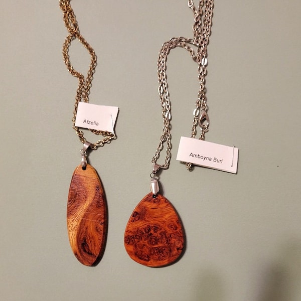 2 Choices Unique Pendant Necklaces, Amboyna Burl or Afzelia Burl,Exotic Wood Pick one @RTobaison