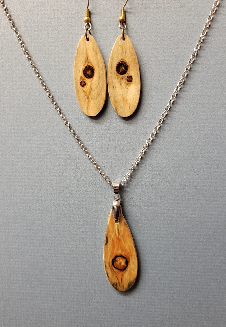 Unique Pine Wood Earrings & Pendant necklace handcrafted ExoticwoodJewelryAnd Ecofriendly RTobaison image 2