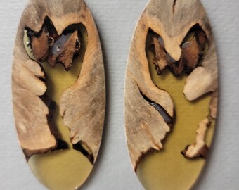 Buckeye Burl, Resin oval Exotic Wood Earrings long drop repurposed Handcrafted lightweight #ExoticWoodJewelryAnd