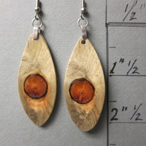 Glowing Pine Wood Earrings Dangle by ExoticWoodJewelryAnd handcrafted Glows when backlit lightweight image 2