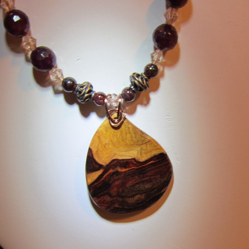 Genuine Garnet Beaded Necklace with Rare Khamphi Rosewood Pendant January Birthstone image 2