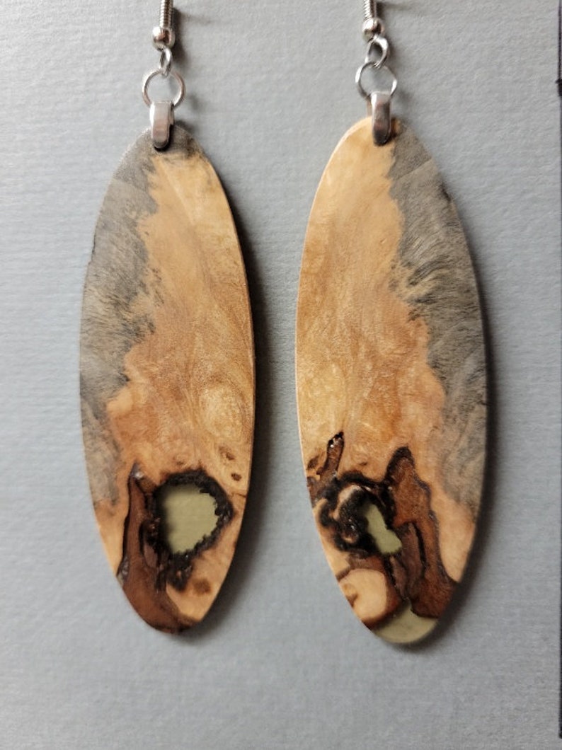 LARGE Thin Buckeye Burl and Resin Exotic Wood Large long Earrings repurposed ecofriendly Handcrafted ExoticWoodJewelryAnd image 1