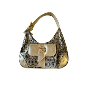 Y2K Mudd Mini Handbag Gold and Black with Rhinestones Faux Croc Leather Embossed Style Handbag | Y2K Accessories | Y2K Purse | 2000s Purse