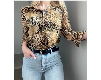 Vintage 90s Covington Cheetah Animal Print Sheer Collared Button Up 3/4 Sleeve Blouse | Sheer Blouse 90s Fashion Vintage Style | Cheetah Top