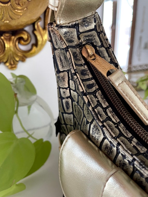 Y2K Mudd Mini Handbag Gold and Black with Rhinestones Faux Croc Leather Embossed Style Handbag | Y2K Accessories | Y2K Purse | 2000s Purse
