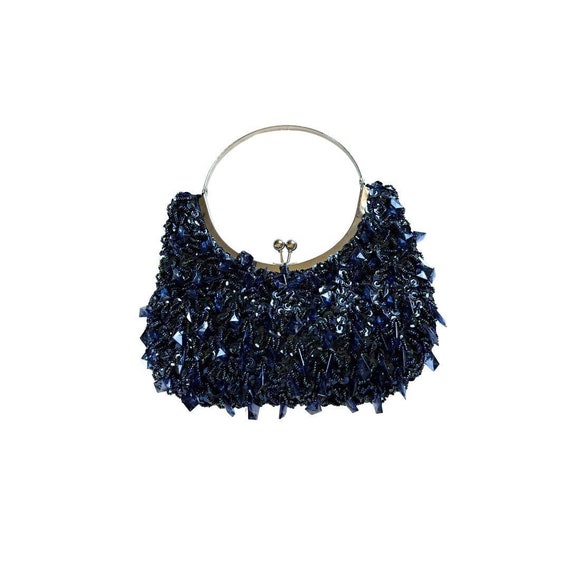 2000s Beaded Blue Tone Hand Bag Vintage Custom Beading Handbag with Clasp Closure Y2K Fashion Evening Purse Prom Trendy Accessories