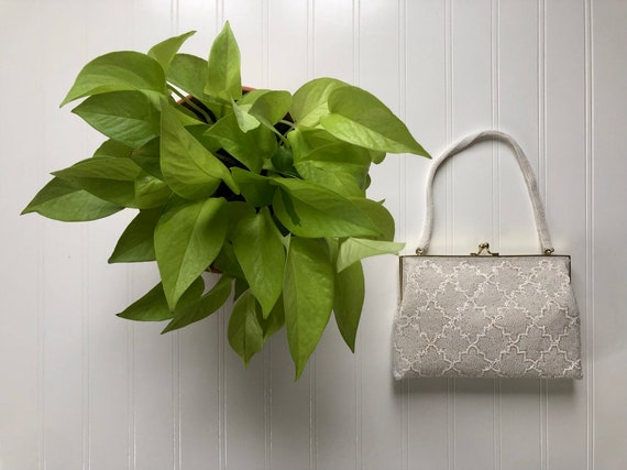 Vintage White Beaded Walborg Purse Handbag Satin L