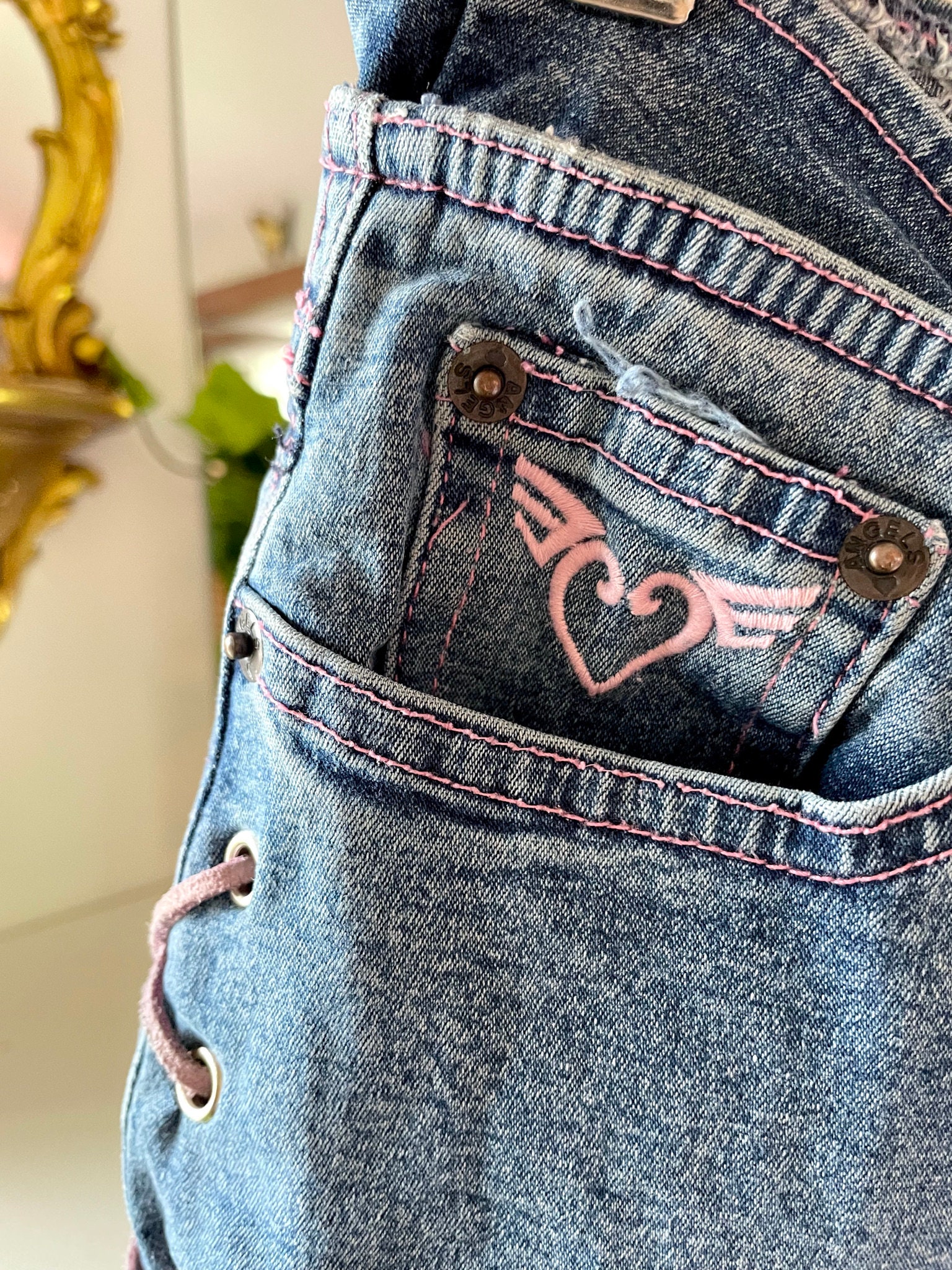 Early 2000s Y2K Angels Flared Jeans With Pink Laceup Leg Detailing