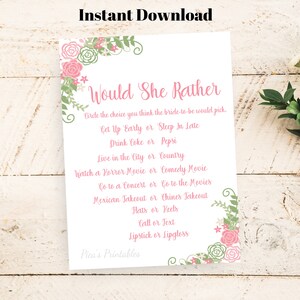 Would She Rather, Bridal Shower Game, Engagement Party Games, Instant Digital Download, Bachelorette Party Games, Bachelorette Party