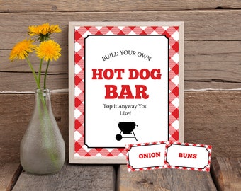 Hot Dog Bar Sign, Hot Dog Bar Label Tent Cards, Hot Dog Bar Printable, Hot Dog Sign, BBQ Sign, Baby Q Printable, BBQ Printable