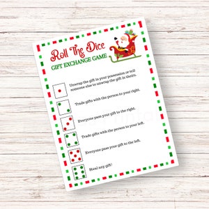 Gooi de dobbelstenen Cadeau-uitwisselingsspel Witte olifantenspel Kerstfeestspellen Kerstafdrukbare spellen Kerstspellen Dobbelspel
