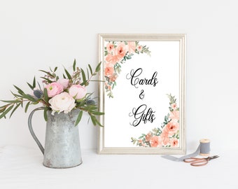 Cards and Gifts, Gift Table Sign, Printable Cards and Gifts Sign, Pink Bridal Shower Sign, Wedding Gift Table Sign,Blush Floral Pink