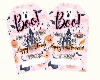 May include: Two printable Halloween favor tags with a pink background and a cute ghost, pumpkin, and haunted house design. The tags say "Boo! Here is a Treat for You! Happy Halloween!" and have a space to write "From:".